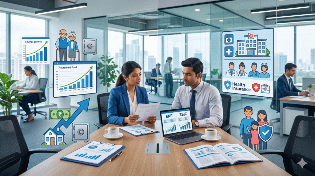 EPF vs ESIC comparison infographic for employers and employees